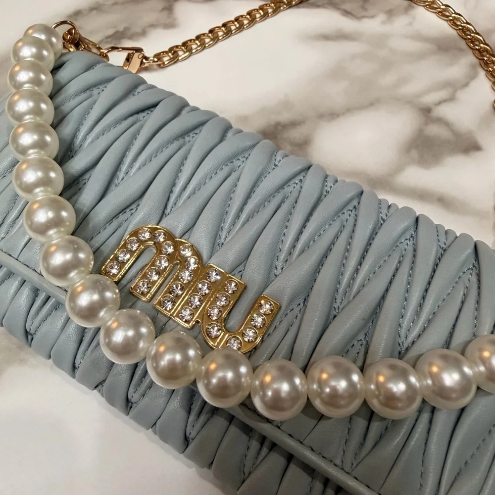Miu Miu Matelasse Bifold Long Wallet Logo Leather Cielo Blue